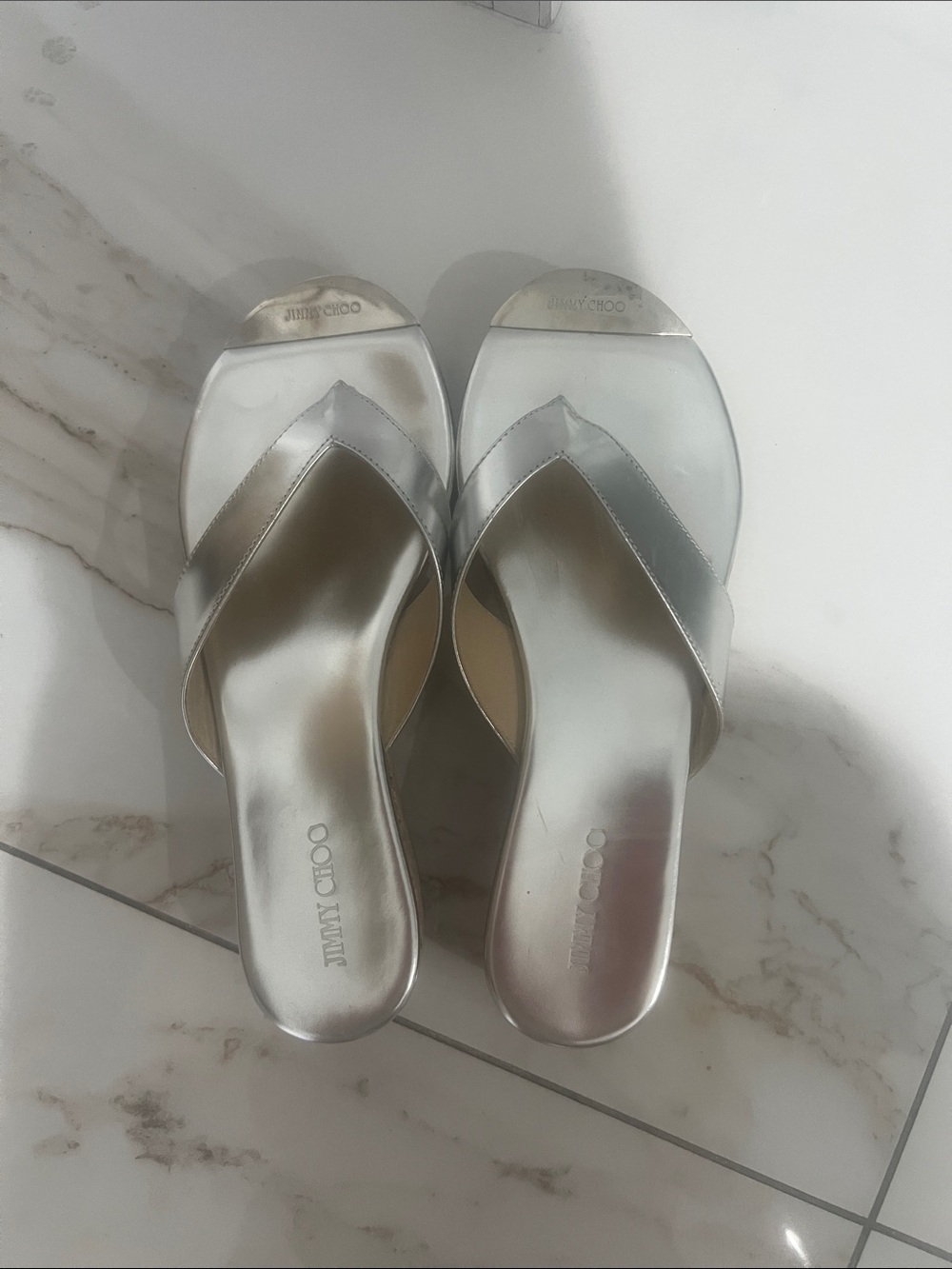 Jimmy Choo Metallic Silver Leather Slide Mules